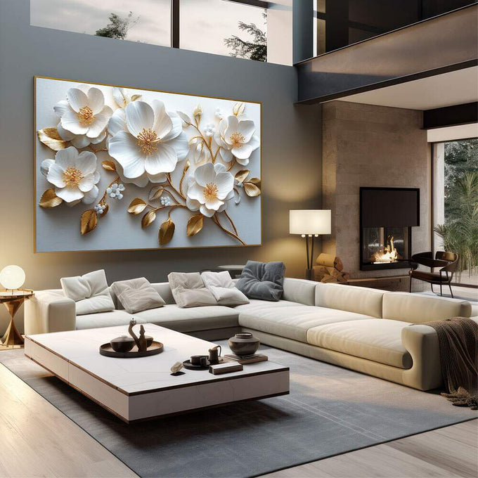 Quadro Decorativo Floral Sereno | quadros decorativos | Flores brancas em relevo com detalhes dourados e folhas em composição elegante | em Quadros para Escritorio | Porao dos Quadros