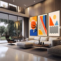Quadro Decorativo: Explosão de Cores para Inspirar | quadros decorativos | Três telas abstratas com círculo laranja, triângulos azuis e formas geométricas coloridas | em Quadros para Escritorio | Porao dos Quadros