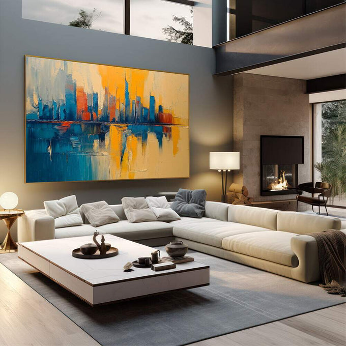 Quadro Decorativo Reflexos Urbanos Inspirador | quadros decorativos | Skyline urbano refletido em água com tons azuis e dourados em composição abstrata | em Quadros para Escritorio | Porao dos Quadros