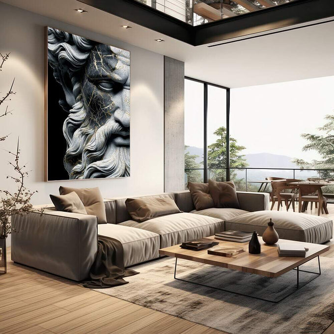 Quadro Decorativo de Sabedoria Eterna | quadros decorativos | Busto de estátua clássica em preto e branco com detalhes cinzentos e expressão serena | em Quadros para Escritorio | Porao dos Quadros