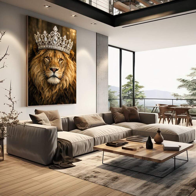 Quadro Decorativo Leão Majestoso | quadros decorativos | Leão coroado com diamantes em tons dourados e marrom, olhar majestoso em fundo quente | em Quadros para Escritorio | Porao dos Quadros