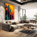 Quadro Decorativo Cidade ao Pôr do Sol Vibrante | quadros decorativos | Cidade futurista com edifícios em azul e preto contra céu laranja e amarelo incandescente com figuras humanas | em Quadros para Escritorio | Porao dos Quadros
