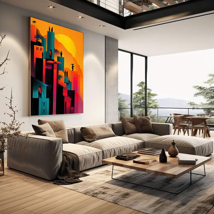 Quadro Decorativo Cidade ao Pôr do Sol Vibrante | quadros decorativos | Cidade futurista com edifícios em azul e preto contra céu laranja e amarelo incandescente com figuras humanas | em Quadros para Escritorio | Porao dos Quadros