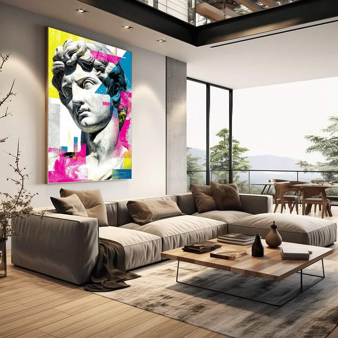 Quadro Decorativo Moderno - Busto Clássico | quadros decorativos | Busto clássico em cinza com fundo geométrico em amarelo, magenta e azul vibrantes | em Quadros para Escritorio | Porao dos Quadros