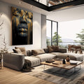 Quadro Decorativo Oro e Serenidade | quadros decorativos | Rosto feminino em preto com detalhes em dourado, estilo digital art contemporâneo | em Quadros para Escritorio | Porao dos Quadros