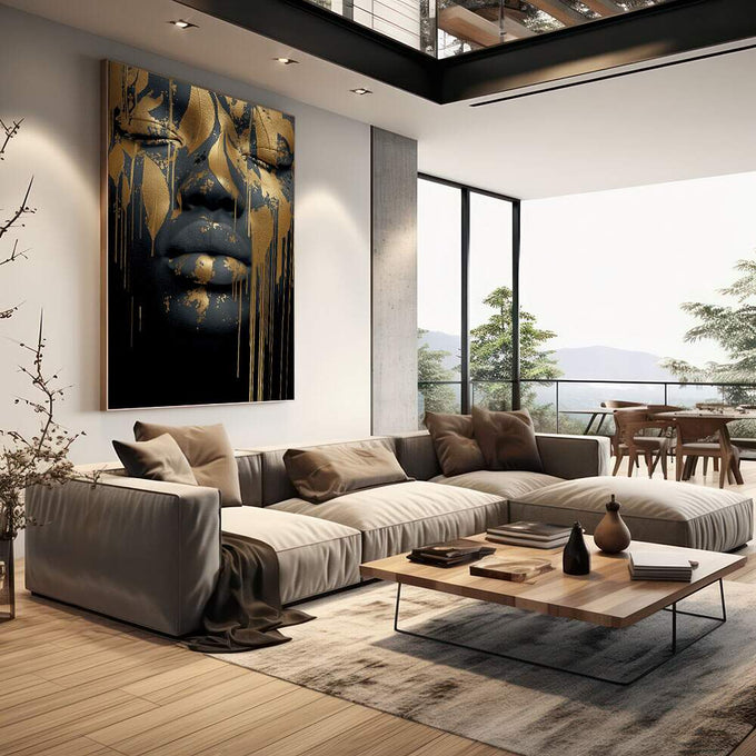 Quadro Decorativo Oro e Serenidade | quadros decorativos | Rosto feminino em preto com detalhes em dourado, estilo digital art contemporâneo | em Quadros para Escritorio | Porao dos Quadros