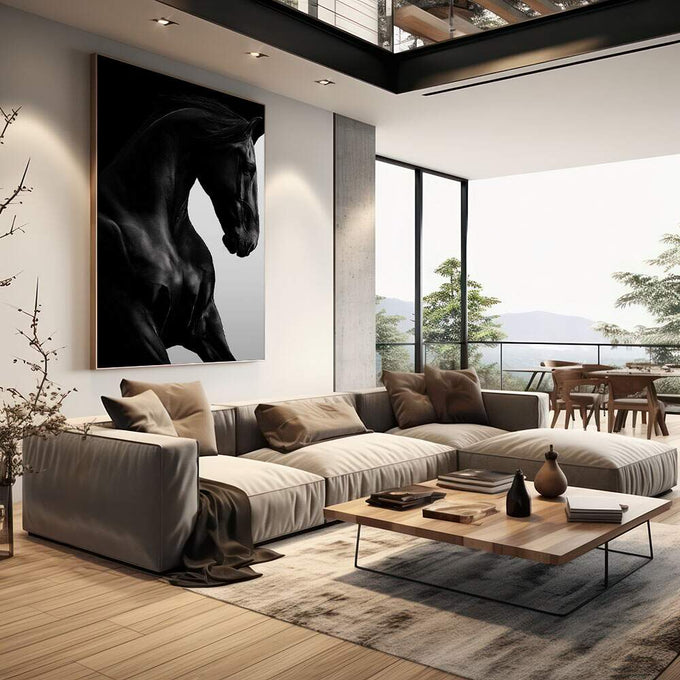 Quadro Decorativo Cavalo Elegante em Preto e Branco | quadros decorativos | Cavalo preto majestoso em perfil com crina ao vento contra fundo branco. | em Quadros para Escritorio | Porao dos Quadros