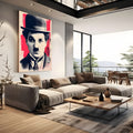 Retrato de Charlie Chaplin de chapéu-coco em estilo pop art com retícula e fundo vermelho, quadro decorativo