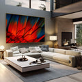 Quadro Decorativo Energia e Harmonia | quadros decorativos | Penas vermelhas, laranja e azuis em movimento dinâmico sobre fundo escuro | em Quadros para Escritorio | Porao dos Quadros