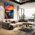 Quadro Decorativo O Grito Arte Impactante | quadros decorativos | Figura angustiada em tons azuis e laranja vibrantes com ondulações expressionistas dinâmicas | em Quadros para Escritorio | Porao dos Quadros