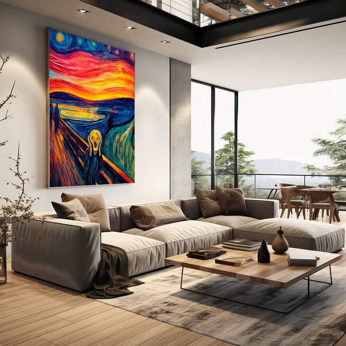 Quadro Decorativo O Grito Arte Impactante | quadros decorativos | Figura angustiada em tons azuis e laranja vibrantes com ondulações expressionistas dinâmicas | em Quadros para Escritorio | Porao dos Quadros