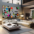 Quadro Decorativo Abstrato Vibrante | quadros decorativos | Composição abstrata geométrica com labirinto de linhas preto e branco com formas coloridas flutuando | em Quadros para Escritorio | Porao dos Quadros