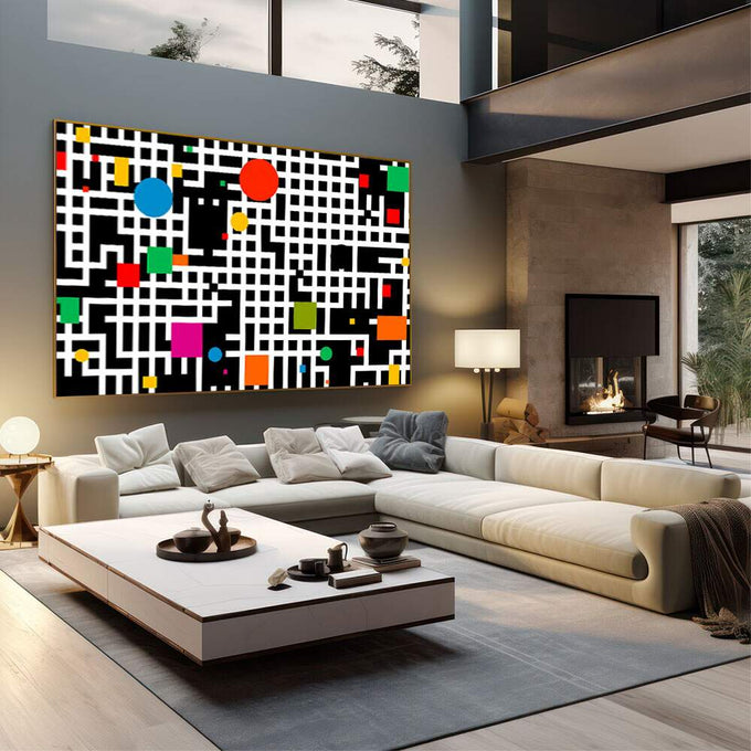 Quadro Decorativo Abstrato Vibrante | quadros decorativos | Composição abstrata geométrica com labirinto de linhas preto e branco com formas coloridas flutuando | em Quadros para Escritorio | Porao dos Quadros