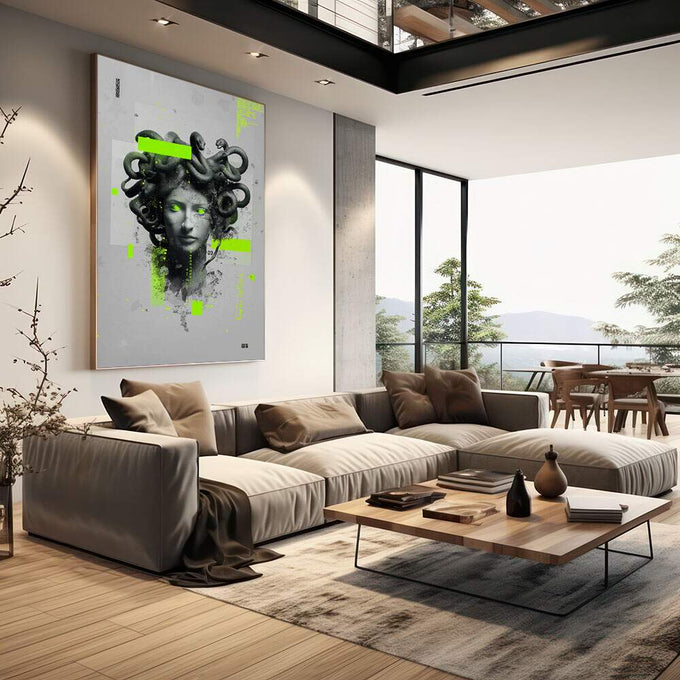 Quadro Decorativo Medusa Moderna | quadros decorativos | Medusa clássica em preto e cinza com serpentes e detalhes em verde neon fluorescente | em Quadros para Escritorio | Porao dos Quadros