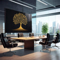 Quadro Decorativo Árvore da Vida em Dourado  Beleza e Simbologia | quadros decorativos | Árvore com folhas douradas radiantes e raízes profundas em fundo preto minimalista | em Quadros para Escritorio | Porao dos Quadros