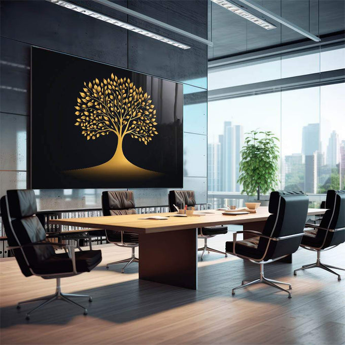 Quadro Decorativo Árvore da Vida em Dourado  Beleza e Simbologia | quadros decorativos | Árvore com folhas douradas radiantes e raízes profundas em fundo preto minimalista | em Quadros para Escritorio | Porao dos Quadros