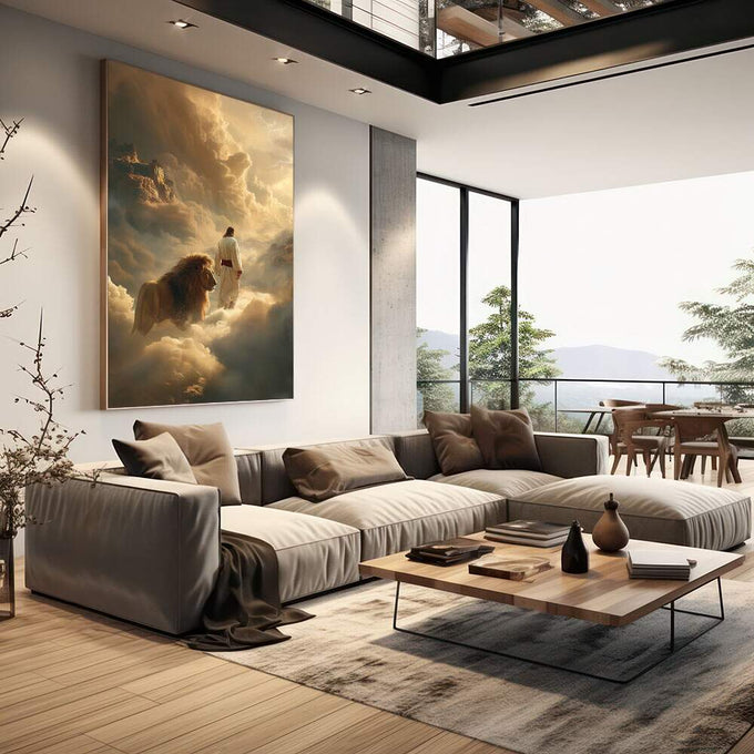 Quadro Decorativo Jesus e Leão em Harmonia Divina | quadros decorativos | Homem em vestes brancas ao lado de leão majestoso envolvidos em nuvens douradas com raios de luz celestial | em Quadros para Escritorio | Porao dos Quadros