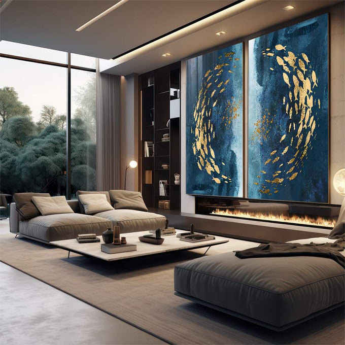 Quadro Decorativo: Oásis Cardume Encantador | quadros decorativos | Cardume de peixes dourados em espiral contra azul marinho texturizado em composição abstrata | em Quadros para Escritorio | Porao dos Quadros