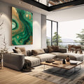 Quadro Decorativo Fluidez Verde Luxo | quadros decorativos | Abstrato em verde profundo e dourado com fluidos orgânicos e círculos flutuantes | em Quadros para Escritorio | Porao dos Quadros