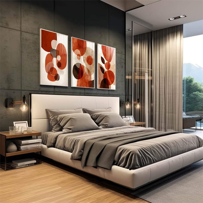 Quadro Decorativo Harmonia Quente | quadros decorativos | Composição abstrata com círculos vermelhos, marrons e bege em sobreposição geométrica. | em Quadros para Escritorio | Porao dos Quadros