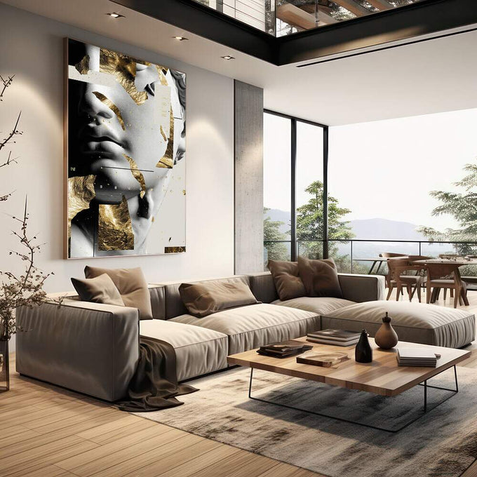 Quadro Retrato Moderno com Toque Dourado | quadros decorativos | Rosto fragmentado em painéis sobrepostos com acentos dourados em preto e branco | em Quadros para Escritorio | Porao dos Quadros