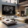 Quadro Decorativo Leões Majestosos | quadros decorativos | Leão majestoso com lionesa e filhote em preto e branco, composição realista com profundidade de luz e sombra | em Quadros para Escritorio | Porao dos Quadros