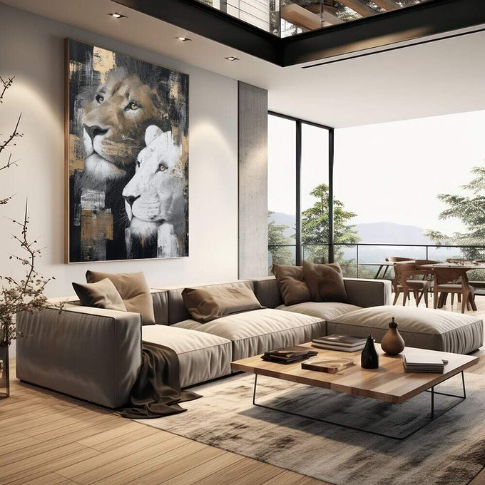 Quadro Decorativo Leões Estilizados Modernos | quadros decorativos | Dois leões em perfil — um dourado e preto, outro branco — em composição de alto contraste expressionista. | em Quadros para Escritorio | Porao dos Quadros