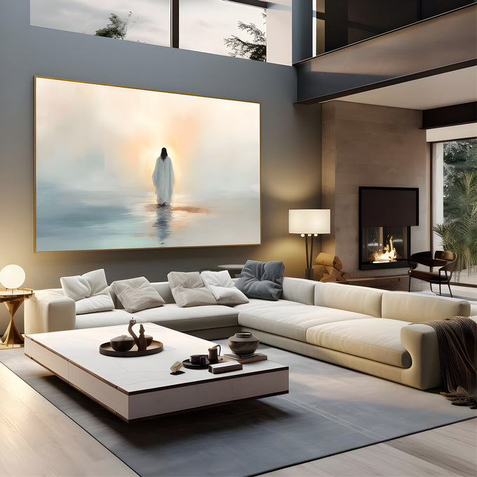 Jesus de túnica branca caminhando sobre as águas na neblina do amanhecer, quadro decorativo