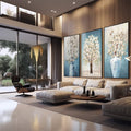 Quadro Decorativo Serenidade Azul Pastel: Flores e Árvores | quadros decorativos | Triptco com árvore florida e pétalas brancas em tons azul, creme e branco com movimento e delicadeza. | em Quadros para Escritorio | Porao dos Quadros