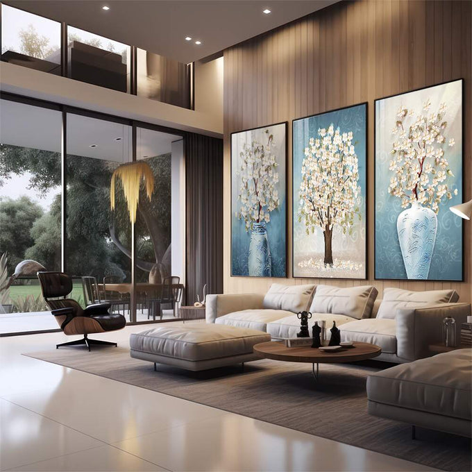 Quadro Decorativo Serenidade Azul Pastel: Flores e Árvores | quadros decorativos | Triptco com árvore florida e pétalas brancas em tons azul, creme e branco com movimento e delicadeza. | em Quadros para Escritorio | Porao dos Quadros