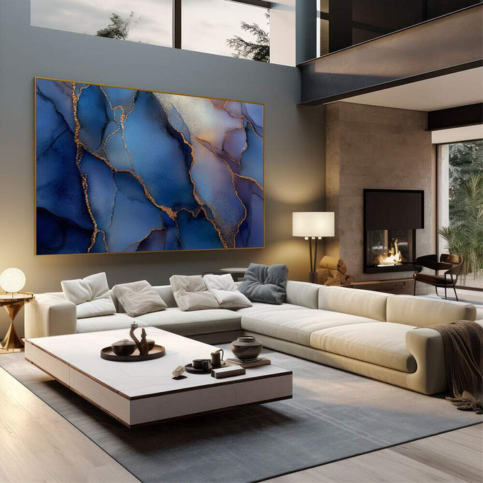 Quadro Decorativo Abstrato Azul Dourado | quadros decorativos | Abstrato azul profundo com veios dourados em textura marmórea e luminosa | em Quadros para Escritorio | Porao dos Quadros