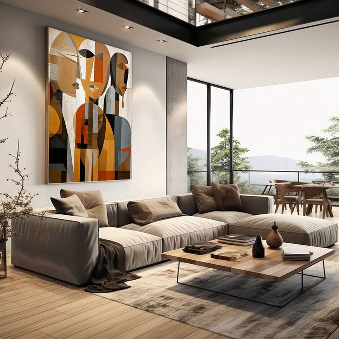 Quadro Decorativo Abstrato Humano - Conexões Visuais | quadros decorativos | Três figuras abstratas com formas geométricas em laranja, bege e marrom com composição fragmentada e sobreposta. | em Quadros para Escritorio | Porao dos Quadros