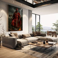 Quadro Decorativo Orixá Xangô: Justiça e Poder | quadros decorativos | Guerreiro Xangô em vermelho com machado, relâmpago e fogo em composição dramática | em Quadros para Escritorio | Porao dos Quadros