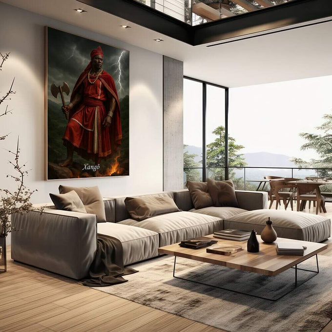 Quadro Decorativo Orixá Xangô: Justiça e Poder | quadros decorativos | Guerreiro Xangô em vermelho com machado, relâmpago e fogo em composição dramática | em Quadros para Escritorio | Porao dos Quadros
