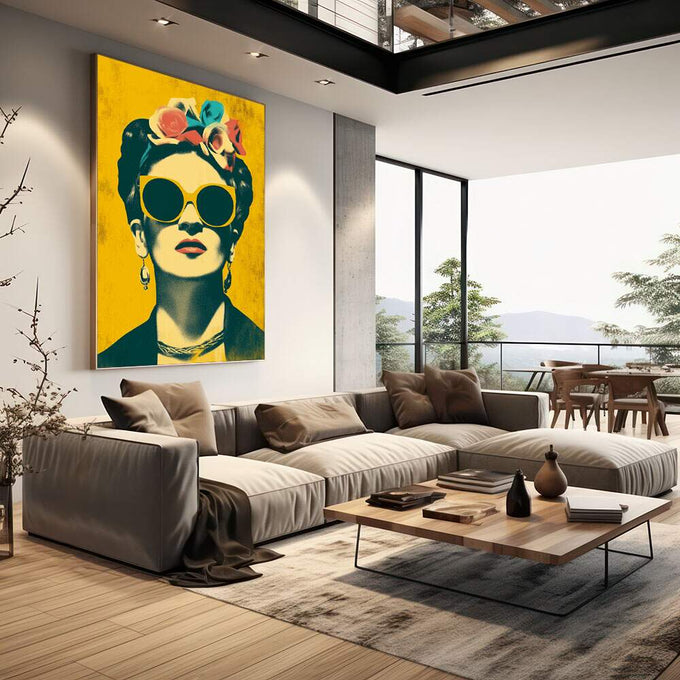 Quadro Decorativo - Frida Kahlo em Cores Vibrantes | quadros decorativos | Mulher com óculos redondos amarelos, flores coloridas na cabeça, fundo amarelo vibrante, estilo Pop Art. | em Quadros para Escritorio | Porao dos Quadros