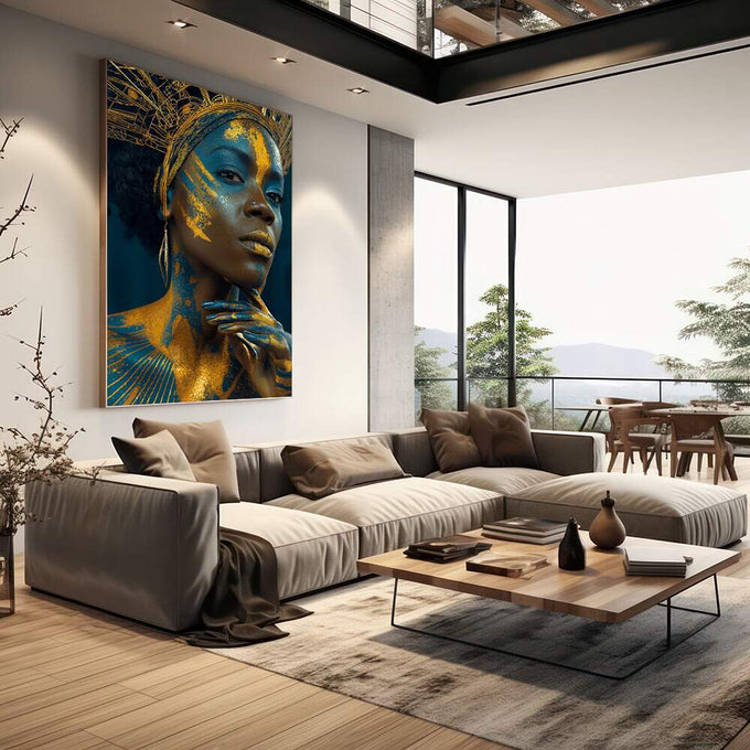 Quadro Feminino Azul e Dourado - Poder e Beleza | quadros decorativos | Mulher com rosto e corpo cobertos em padrões geométricos dourados e azuis vibrantes com ornamentos | em Quadros para Escritorio | Porao dos Quadros