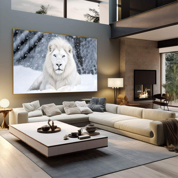 Quadro Decorativo Leão Branco Majestoso | quadros decorativos | Leão branco com olhos azuis vibrantes em paisagem nevada com flocos caindo. | em Quadros para Escritorio | Porao dos Quadros