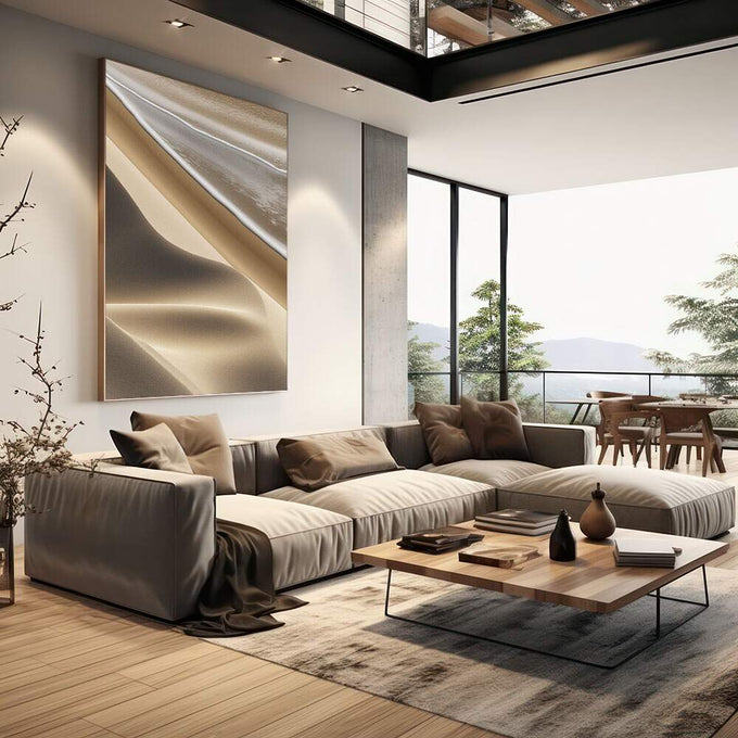 Quadro Abstrato Elegância Etérea | quadros decorativos | Composição abstrata com formas fluidas em tons dourado, bege e cinza | em Quadros para Escritorio | Porao dos Quadros