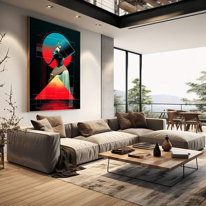 Quadro Decorativo Majestade Azul: Egípcio Moderno | quadros decorativos | Rainha egípcia com coroa dourada em azul e vermelho vibrante com geometria neon contemporânea | em Quadros para Escritorio | Porao dos Quadros