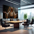 Quadro Decorativo 'Acolhimento Divino' - Arte que Transmite Paz e Esperança | quadros decorativos | Figura divina em vestes brancas com iluminação dourada dramaticamente capturada | em Quadros para Escritorio | Porao dos Quadros