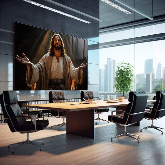 Quadro Decorativo 'Acolhimento Divino' - Arte que Transmite Paz e Esperança | quadros decorativos | Figura divina em vestes brancas com iluminação dourada dramaticamente capturada | em Quadros para Escritorio | Porao dos Quadros