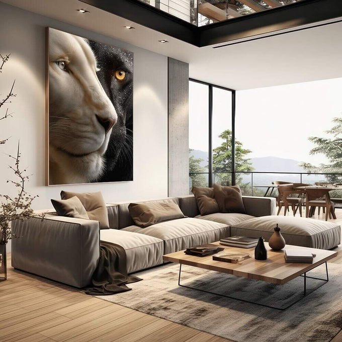Harmonia Selvagem: Quadro do Leão e Pantera | quadros decorativos | Leões preto e branco em close de perfil com olhos âmbar intensos e detalhes fotográficos reais | em Quadros para Escritorio | Porao dos Quadros