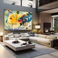 Pintura abstrata de Kandinsky com formas geométricas em amarelo, vermelho e azul, quadro decorativo