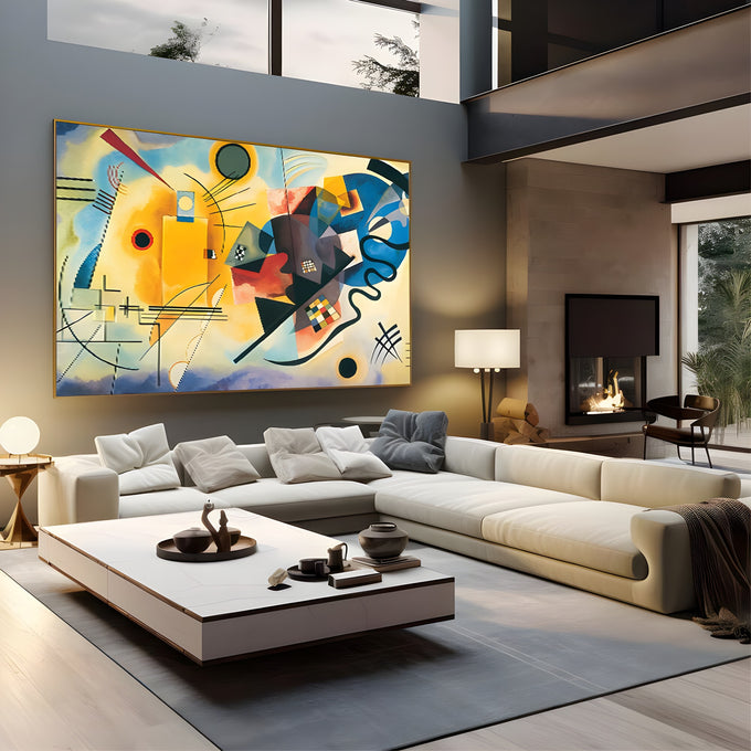 Pintura abstrata de Kandinsky com formas geométricas em amarelo, vermelho e azul, quadro decorativo