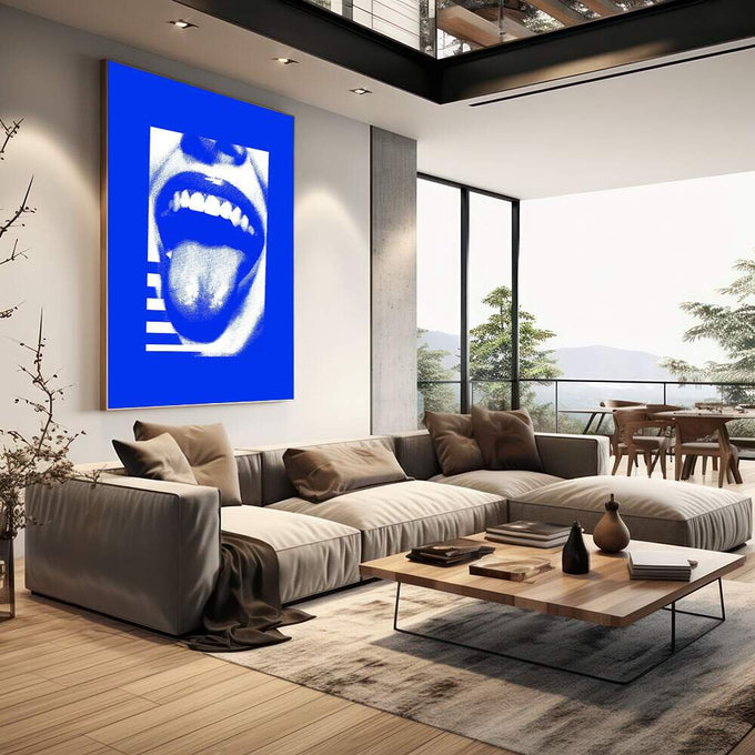 Quadro Decorativo Ousadia em Azul Vibrante | quadros decorativos | Boca aberta em branco com tipografia em azul vibrante, técnica halftone pop art | em Quadros para Escritorio | Porao dos Quadros