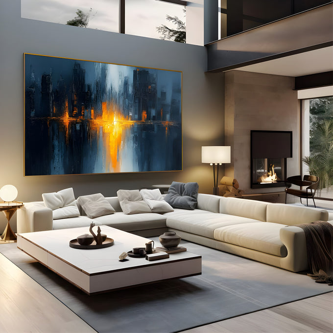 Skyline de cidade abstrata em azul com reflexo de luz dourada e textura de espátula, quadro decorativo