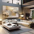Quadro Decorativo Lótus Branca e Serenidade | quadros decorativos | Flores lótus brancas com texturas douradas e cinzentas em composição abstrata moderna | em Quadros para Escritorio | Porao dos Quadros