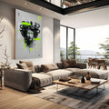 Escultura da Medusa com serpentes e olhos verde neon em fundo cinza com efeito glitch, quadro decorativo