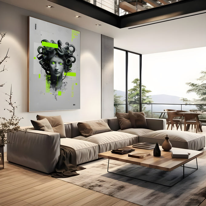 Escultura da Medusa com serpentes e olhos verde neon em fundo cinza com efeito glitch, quadro decorativo