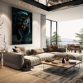 Quadro Decorativo Pantera Imponente | quadros decorativos | Pantera negra em movimento frontal com olhos dourados vibrantes e iluminação azulada dramática. | em Quadros para Escritorio | Porao dos Quadros